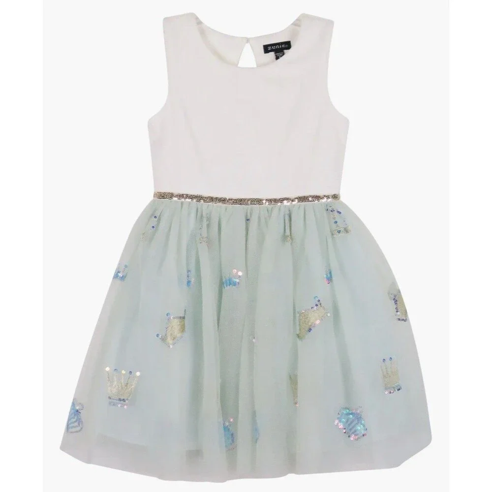 Zunie Girls Crown Sequin Sleeveless Tulle Dress In Cream & Mint Green Sz 6 New